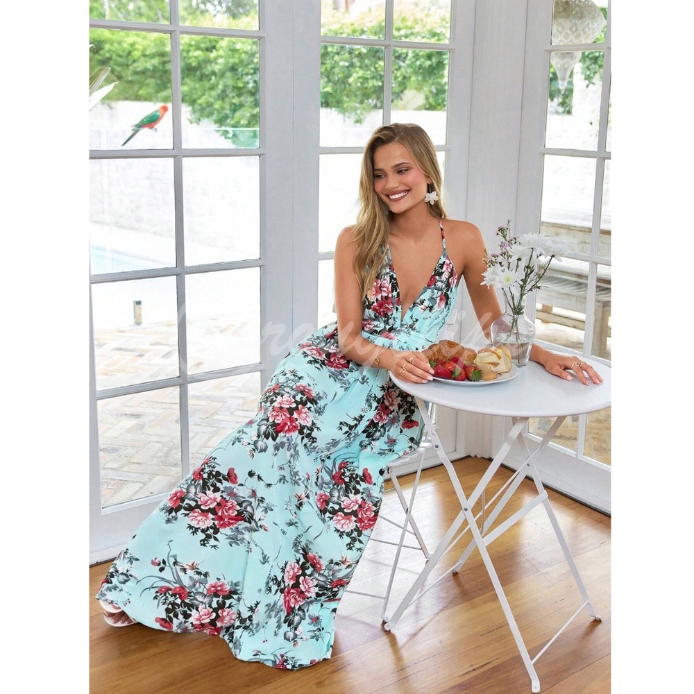 Backless Floral Print Maxi Dress Criss Cross - Picture 4 of 14